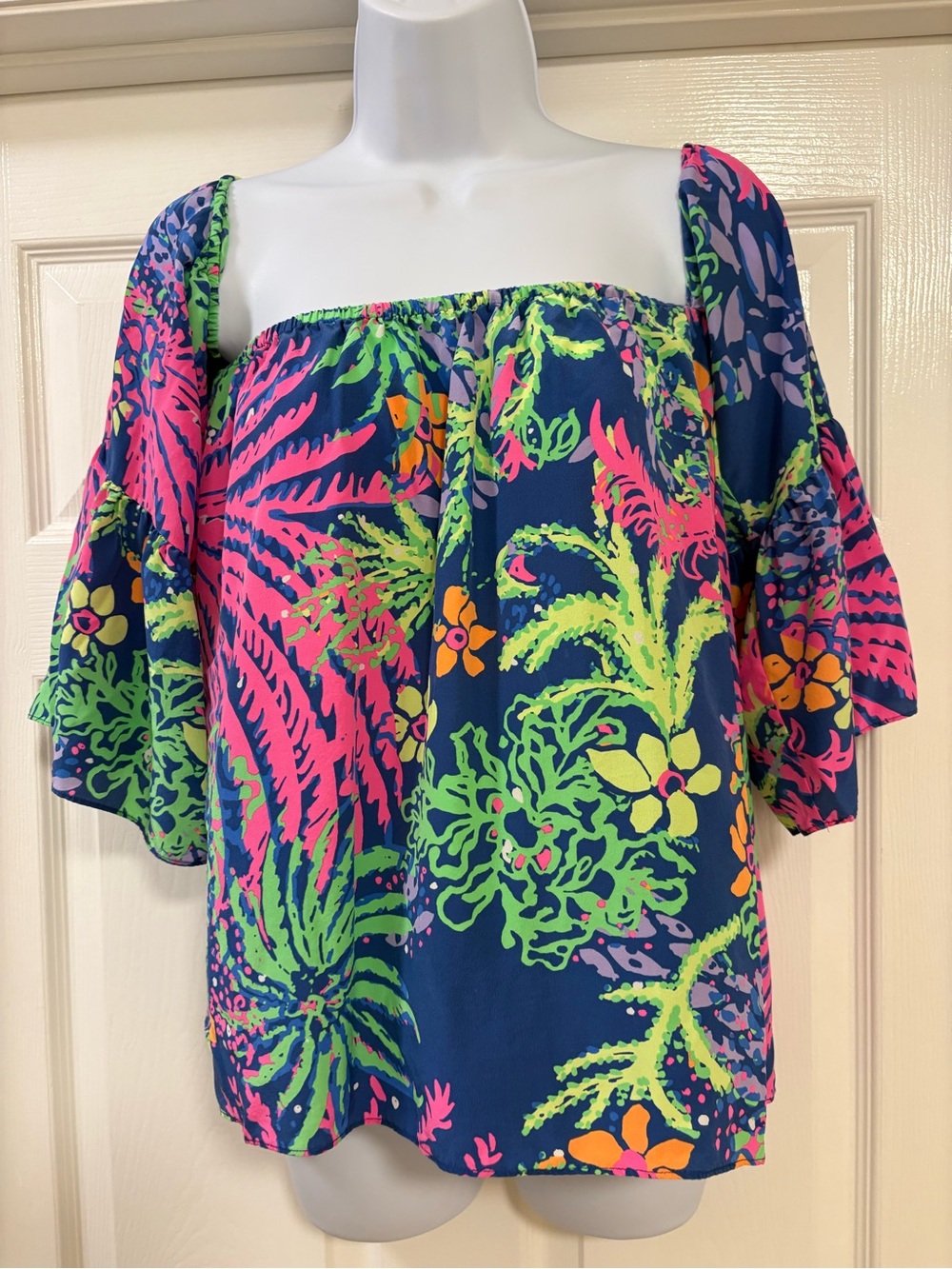 Lilly Pulitzer Sanilla silk off-the-shoulder top in the "All A Glow" print